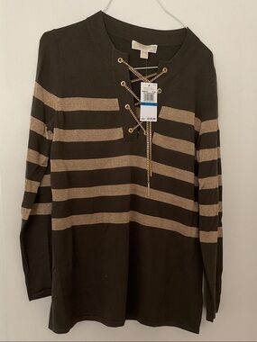 Michael Kors Olive Green with Metallic Gold Stripes Lace-Up Knit Top